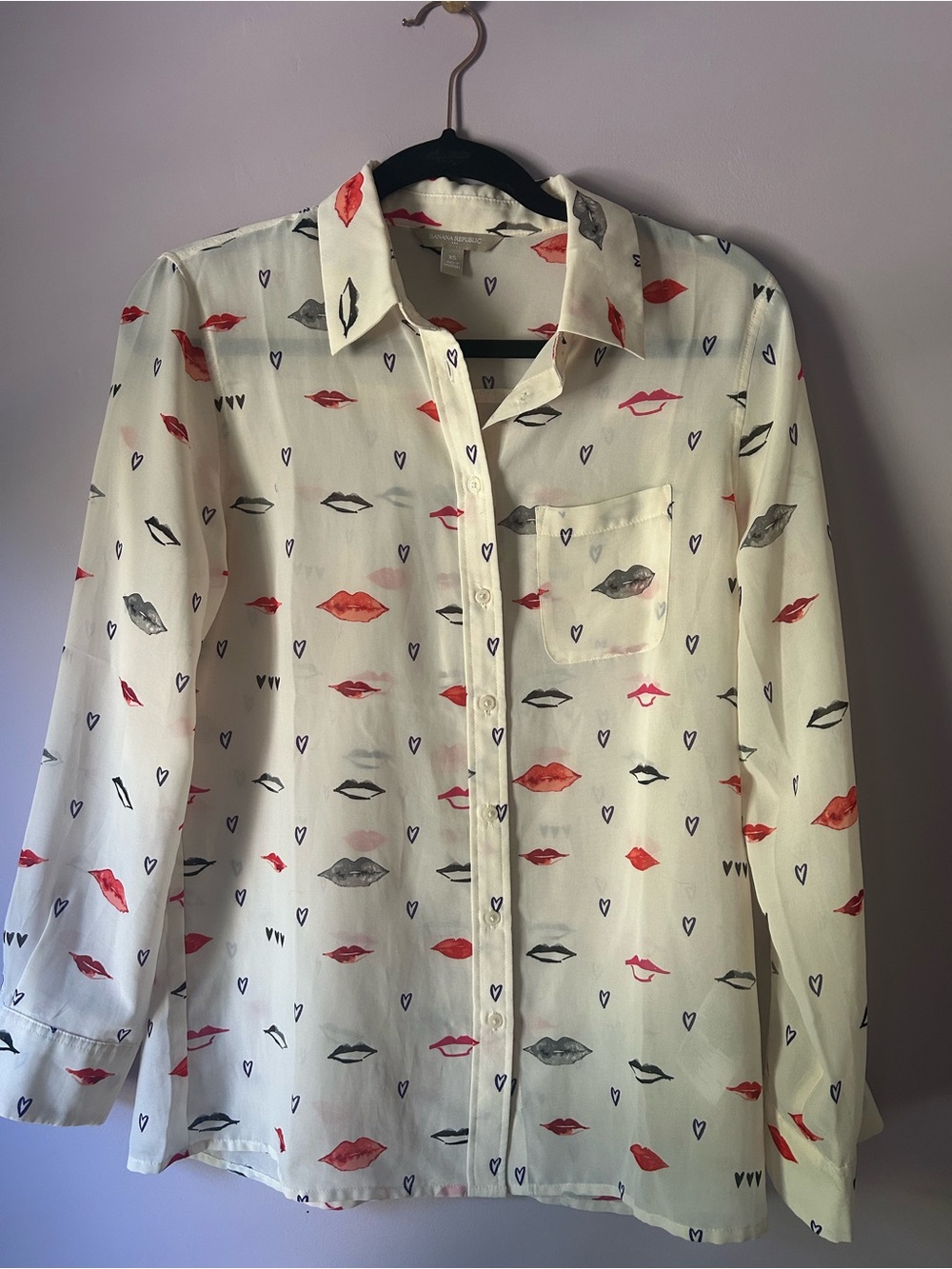 Banana Republic Sheer Button-Up Shirt with Red and Black Lip Print